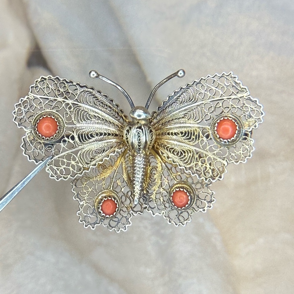 Antique Signed Sterling Silver 800 Filigree Butterfly Coral/Carnelian Brooch EUC - Picture 12 of 16